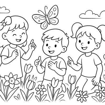 Children Signing Spring Words In Garden Setting