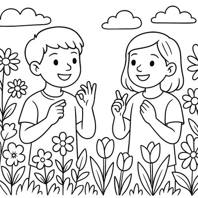 Children Using Sign Language For Spring Words In Garden Setting