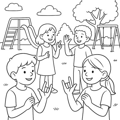 Children Using Sign Language To Describe Flowers In Garden