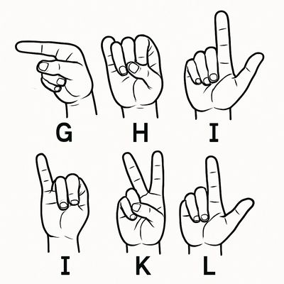 Hands Showing ASL Letters G Through L With Each Letter Labeled Below