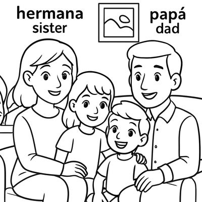 A Family Scene With Family Members Labeled In Spanish And English: Mamá Mom, Papá Dad, Hermana Sister, Hermano Brother
