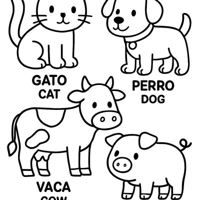 Farm Animals With Spanish And English Labels: Gato And Cat, Perro And Dog, Vaca And Cow, Cerdo And Pig