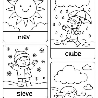 Weather Words In Spanish And English With Matching Scenes: Sol Sun, Lluvia Rain, Nieve Snow, Nube Cloud, Viento Wind