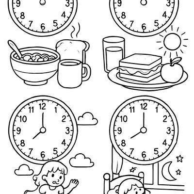 Four Clocks Showing Breakfast Time, Lunch Time, Playtime, And Bedtime With Matching Scenes