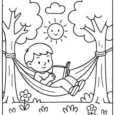 A Child Reading A Book In A Hammock Between Trees