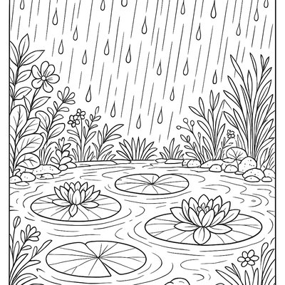 Gentle Rain Falling On A Garden Pond With Lily Pads