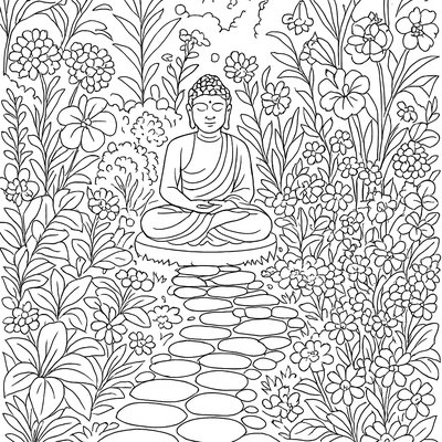 Meditation Garden With Stone Path And Flowering Plants