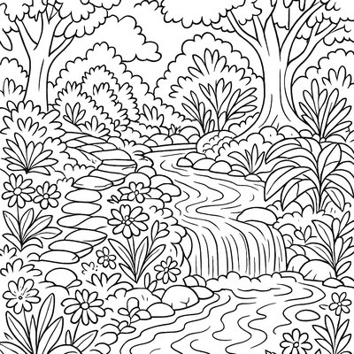 Peaceful Garden Scene With Flowing Water