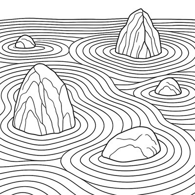 Peaceful Zen Garden With Rocks And Raked Sand