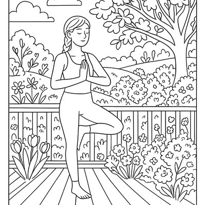 Person Doing Yoga Pose On Deck Overlooking Spring Garden