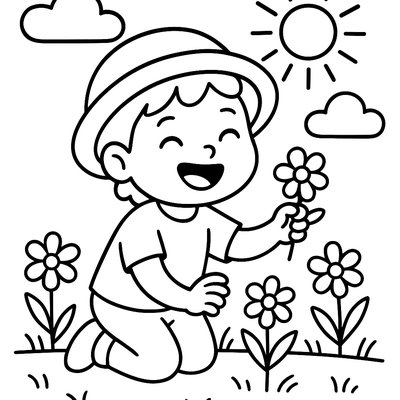 Child Showing Joy While Picking Spring Flowers