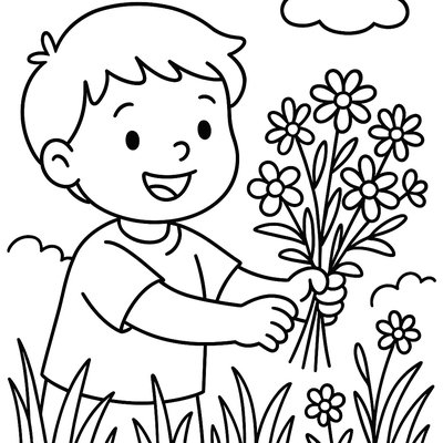Happy Child Picking Bouquet Of Wildflowers For Mother