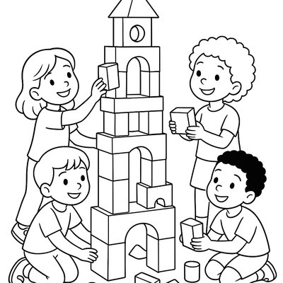 A Diverse Group Of Kids Working Together To Build A Tall, Imaginative Tower Of Blocks