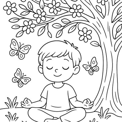 A Child Meditating Peacefully Under A Blooming Tree