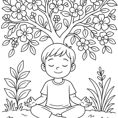 A Child Meditating Under A Flowering Cherry Tree