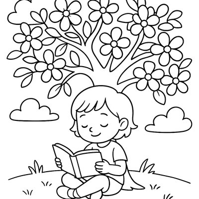 A Child Sitting Peacefully Under A Blooming Tree Reading A Book