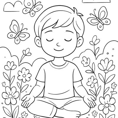 A Peaceful Child Sitting Cross-legged In A Flowering Spring Garden With Butterflies Fluttering And Eyes Gently Closed