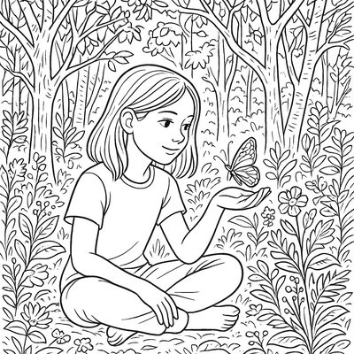 A Tween Sitting Cross-legged In A Detailed, Peaceful Forest, Observing A Butterfly That Has Landed On Their Hand