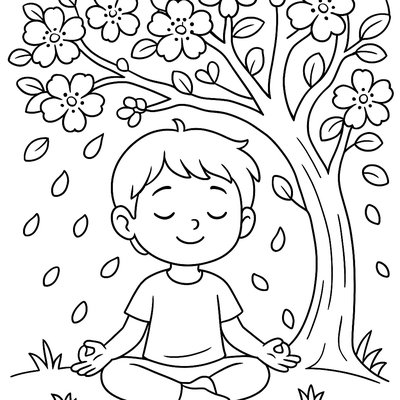 Child Meditating Under Blooming Apple Tree