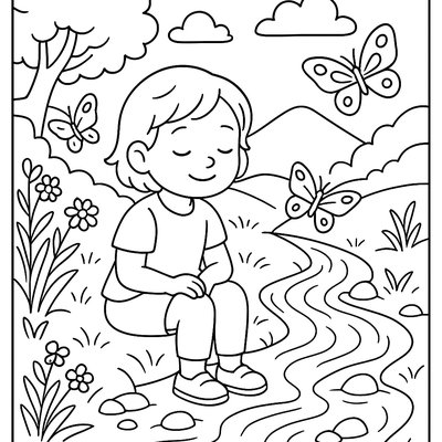 Child Sitting Peacefully By Babbling Brook With Butterflies