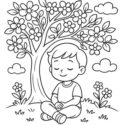 Child Sitting Peacefully Under A Flowering Tree Reading