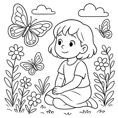 Child Sitting Quietly Observing Butterflies In Garden
