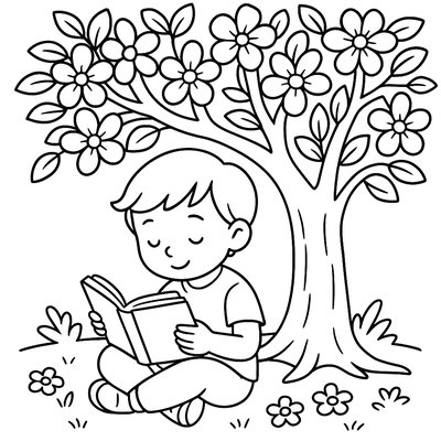 Child Sitting Quietly Under A Flowering Tree Reading