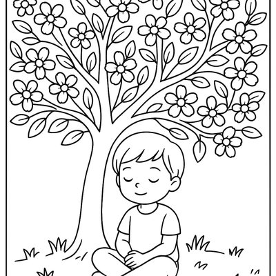 Child Sitting Quietly Under Blooming Tree