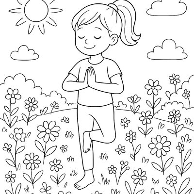 Child Doing Yoga Poses In A Flowering Meadow
