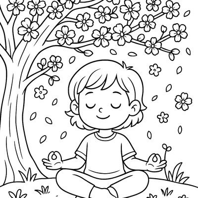 Child Meditating Peacefully Under A Flowering Tree