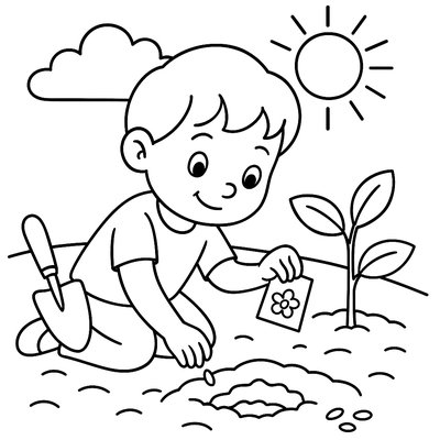 Child Planting Seeds With Hopeful Expression