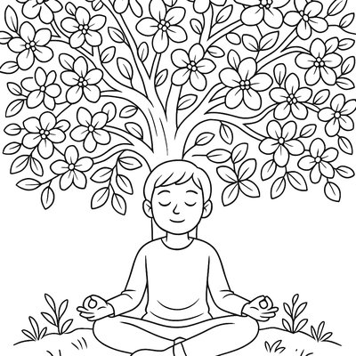 Person Meditating Under Blooming Tree