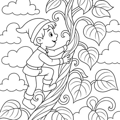 Jack Climbing The Beanstalk With Giant Leaves Around Him