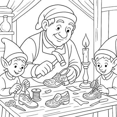The Shoemaker And Two Elves Working By Candlelight On Tiny, Detailed Shoes