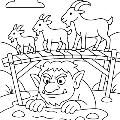 The Three Billy Goats Gruff Crossing A Rickety Bridge With The Troll Peeking Out From Underneath