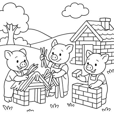 The Three Little Pigs Building Their Houses Of Straw, Sticks, And Bricks