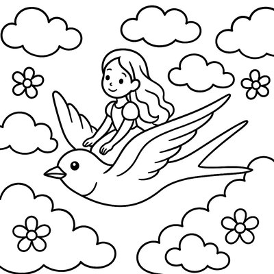 Thumbelina Riding On A Swallow Through Spring Clouds