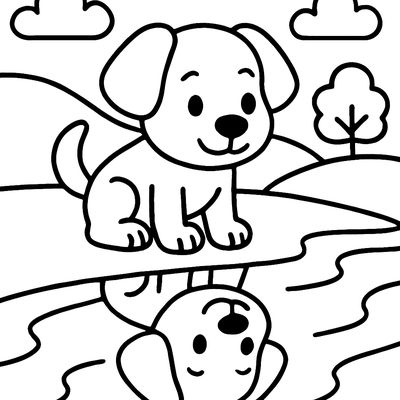 A Dog Looking At Its Reflection In A River