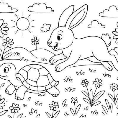 The Tortoise And Hare Racing Through Spring Meadow
