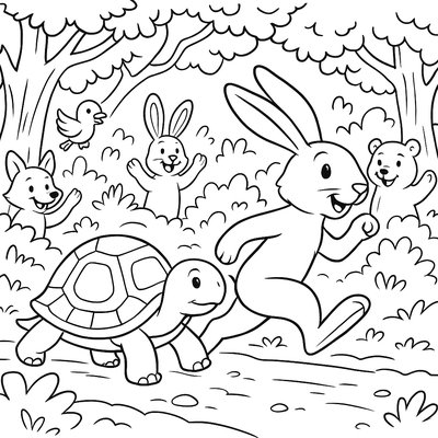 The Tortoise And The Hare Racing Through A Detailed Forest Path, With Other Animal Spectators Cheering