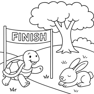 The Tortoise Crossing The Finish Line While The Hare Sleeps