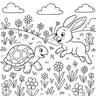 Tortoise And Hare Race Through Meadow Full Of Spring Flowers