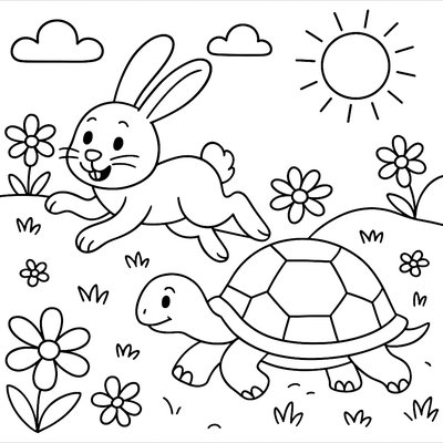 Tortoise And Hare Racing Through Countryside
