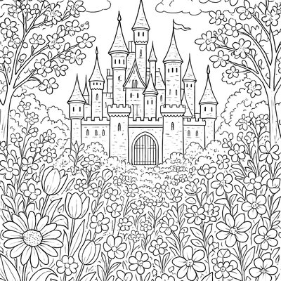 A Castle Surrounded By A Moat Filled With Spring Water Lilies