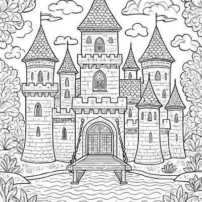 A Castle With A Moat And Drawbridge