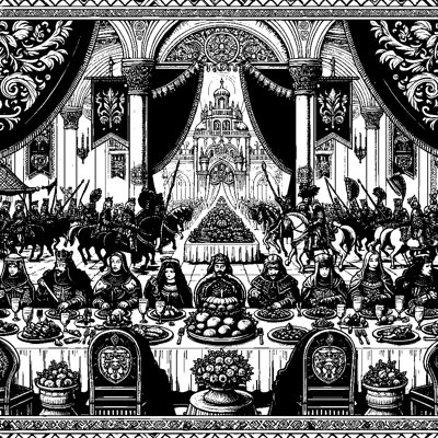 A Royal Feast In A Great Hall With Banners
