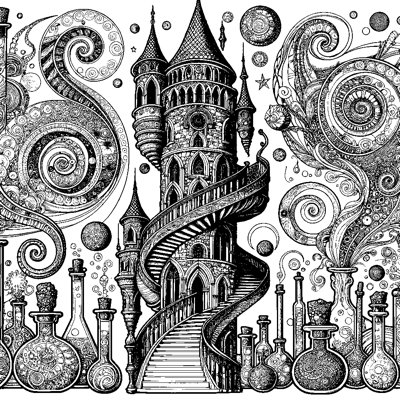 A Wizard's Tower With Spiral Staircase And Potions