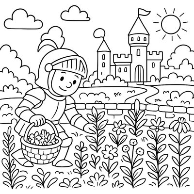 Castle Garden With Knight Tending To Flowers
