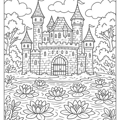 Castle Surrounded By Spring Moat With Blooming Water Lilies