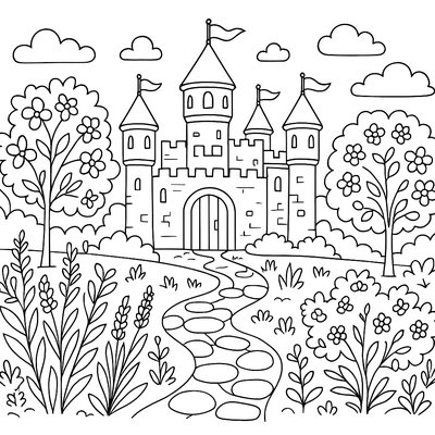 Medieval Castle With Gardens Full Of Herbs And Flowering Trees